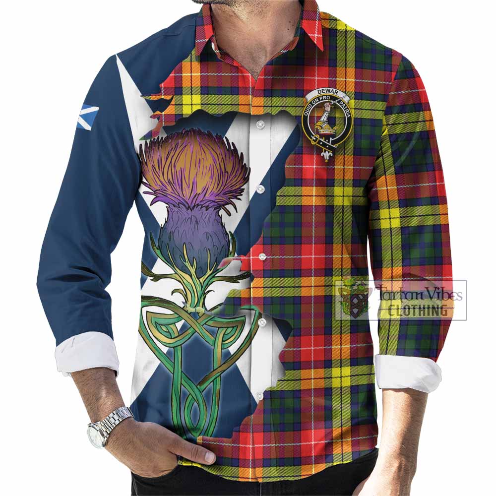 Tartan Vibes Clothing Dewar Tartan Family Crest Long Sleeve Button Shirt Scottish Thistle Celtic Inspired