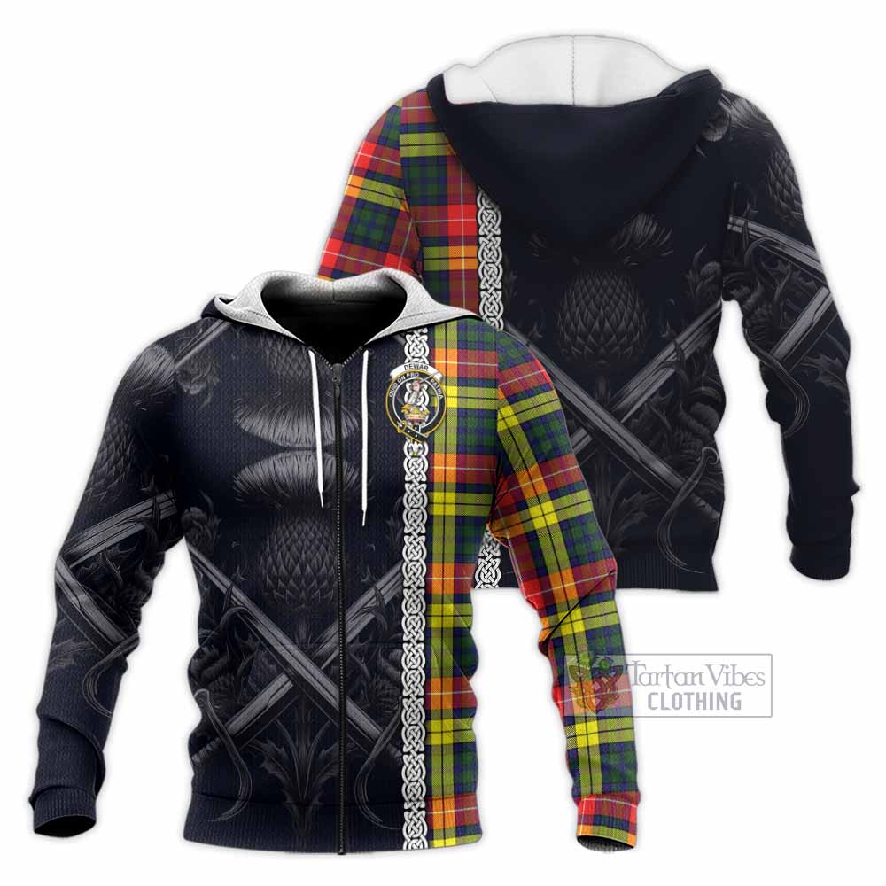 Dewar Tartan Knitted Hoodie with Family Crest Cross Sword Thistle Celtic Vibes Unisex Knitted Zip Hoodie - Tartan Vibes Clothing