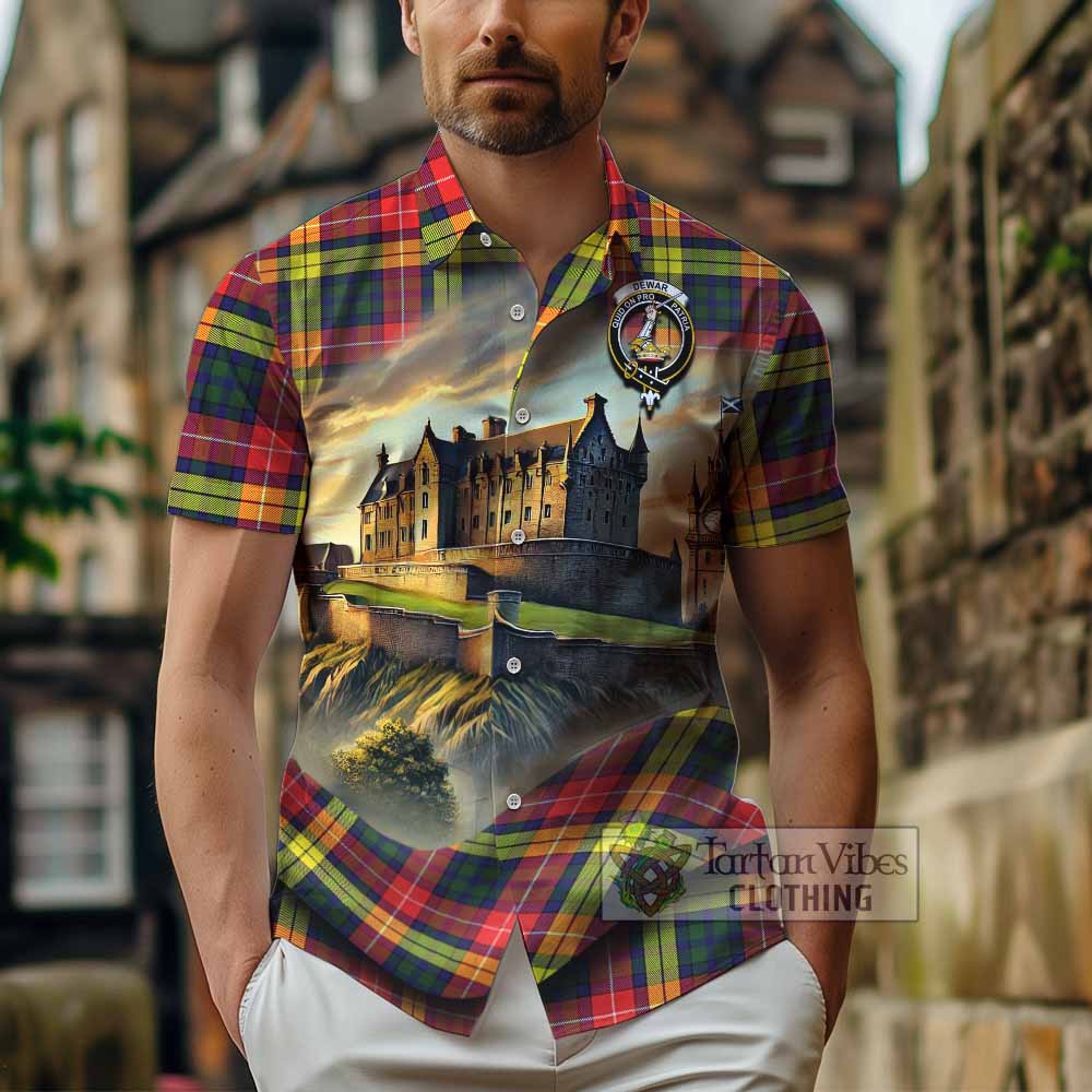 Dewar Tartan Family Crest Hawaiian Shirt with Scottish Ancient Castle Style - Tartan Vibes Clothing