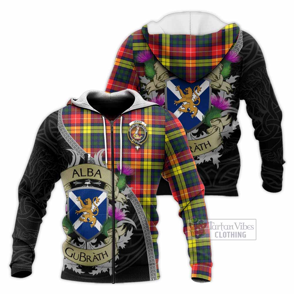 Dewar Tartan Family Crest Knitted Hoodie Lion Rampant Royal Thistle Shield Celtic Inspired Unisex Knitted Zip Hoodie - Tartan Vibes Clothing