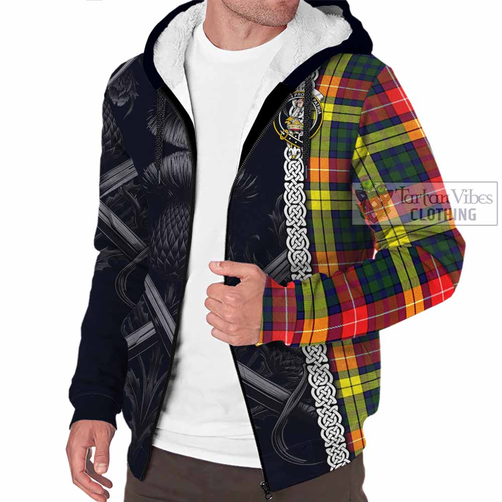 Dewar Tartan Sherpa Hoodie with Family Crest Cross Sword Thistle Celtic Vibes - Tartan Vibes Clothing