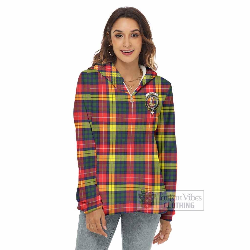 Dewar Tartan Women's Borg Fleece Hoodie with Half Zip with Family Crest - Tartan Vibes Clothing