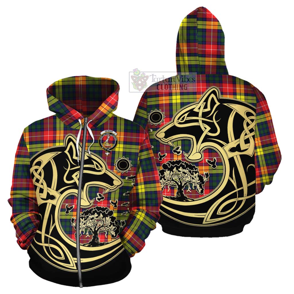 Dewar Tartan Cotton Hoodie with Family Crest Celtic Wolf Style - Tartan Vibes Clothing
