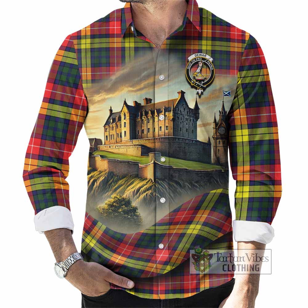 Tartan Vibes Clothing Dewar Tartan Family Crest Long Sleeve Button Shirt with Scottish Ancient Castle Style