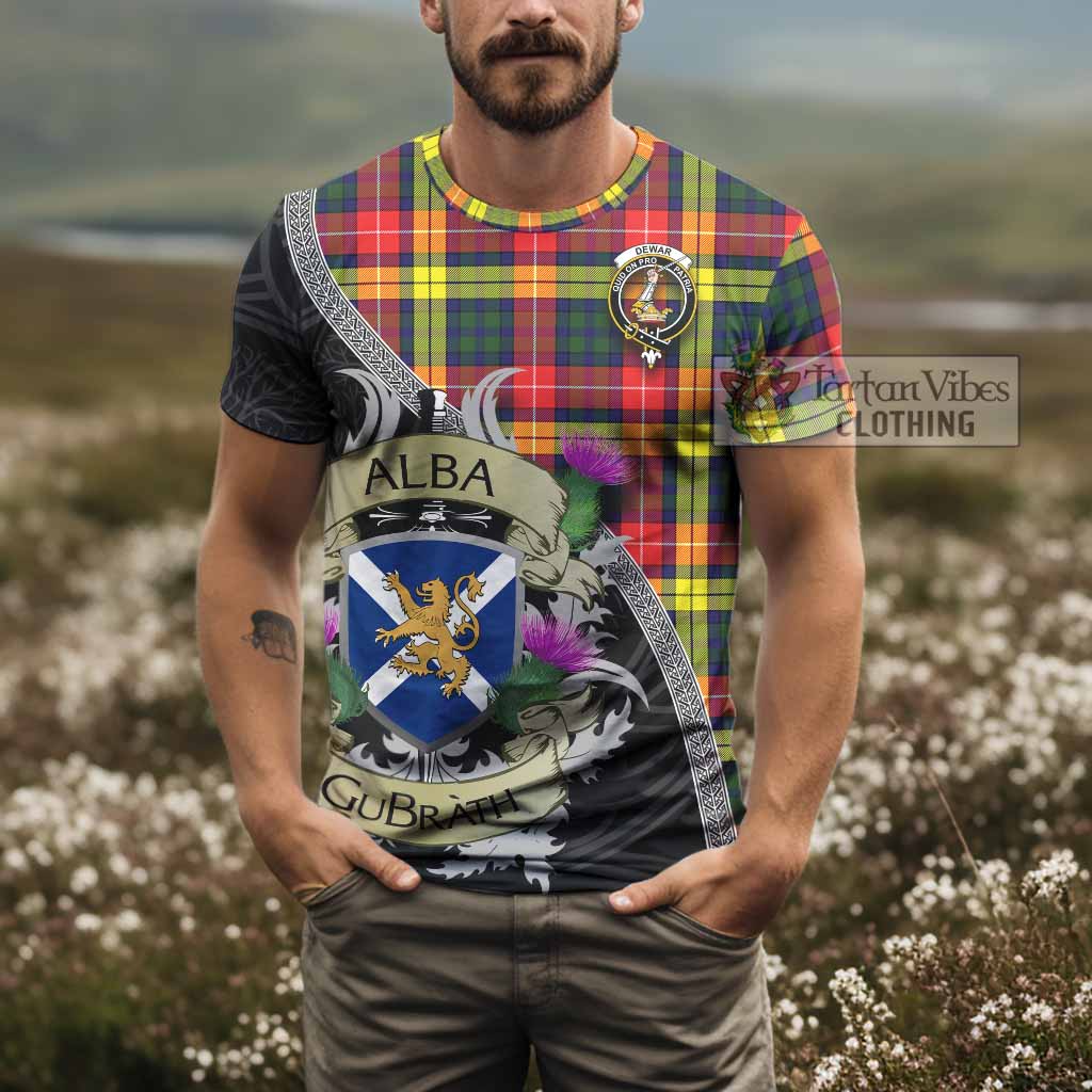 Dewar Tartan Family Crest T-Shirt Lion Rampant Royal Thistle Shield Celtic Inspired - Tartan Vibes Clothing