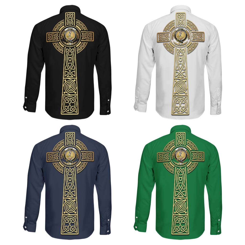 Dewar Clan Mens Long Sleeve Button Up Shirt with Golden Celtic Tree Of Life - Tartanvibesclothing