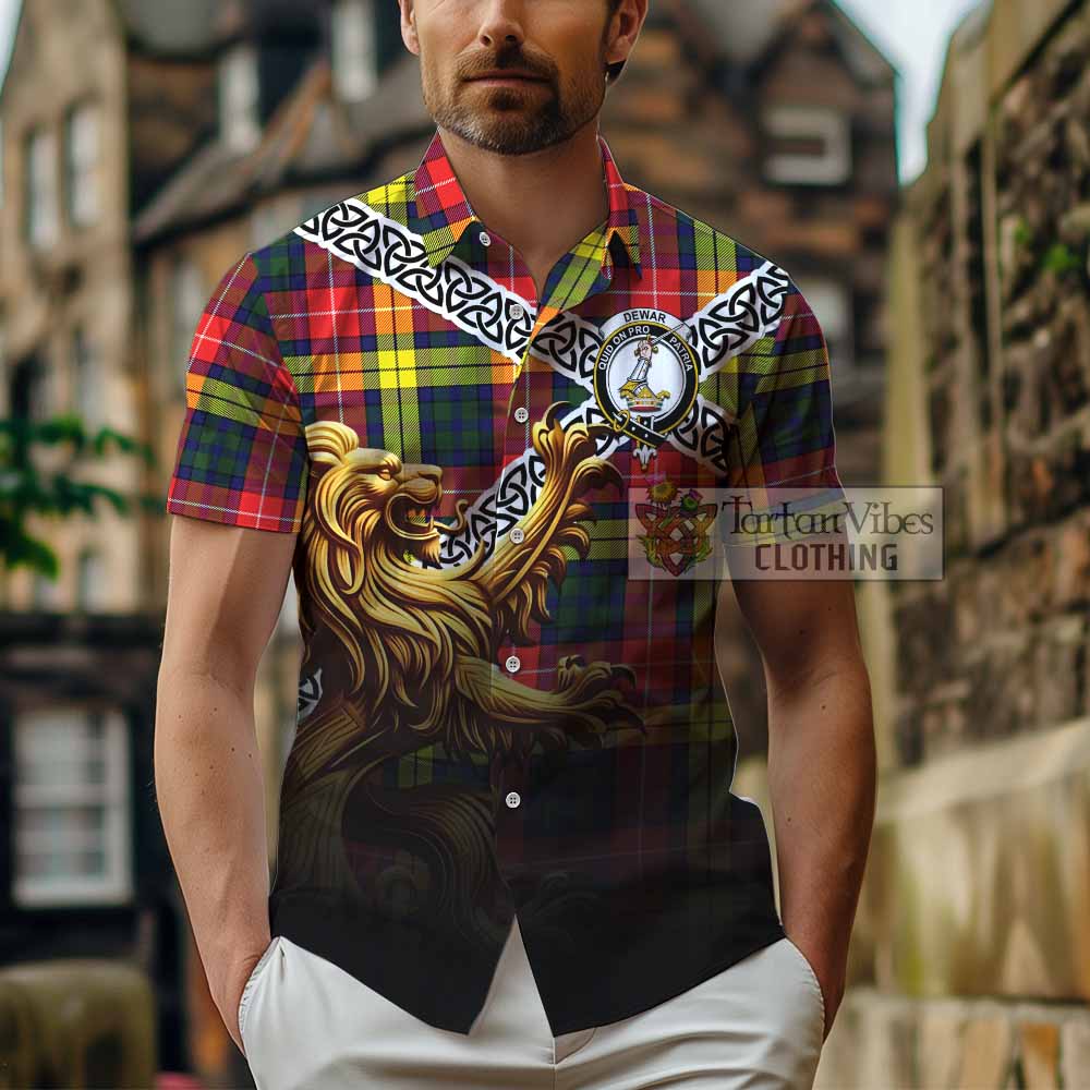 Dewar Crest Tartan Hawaiian Shirt with Golden Lion Emblem Celtic Style - Tartan Vibes Clothing