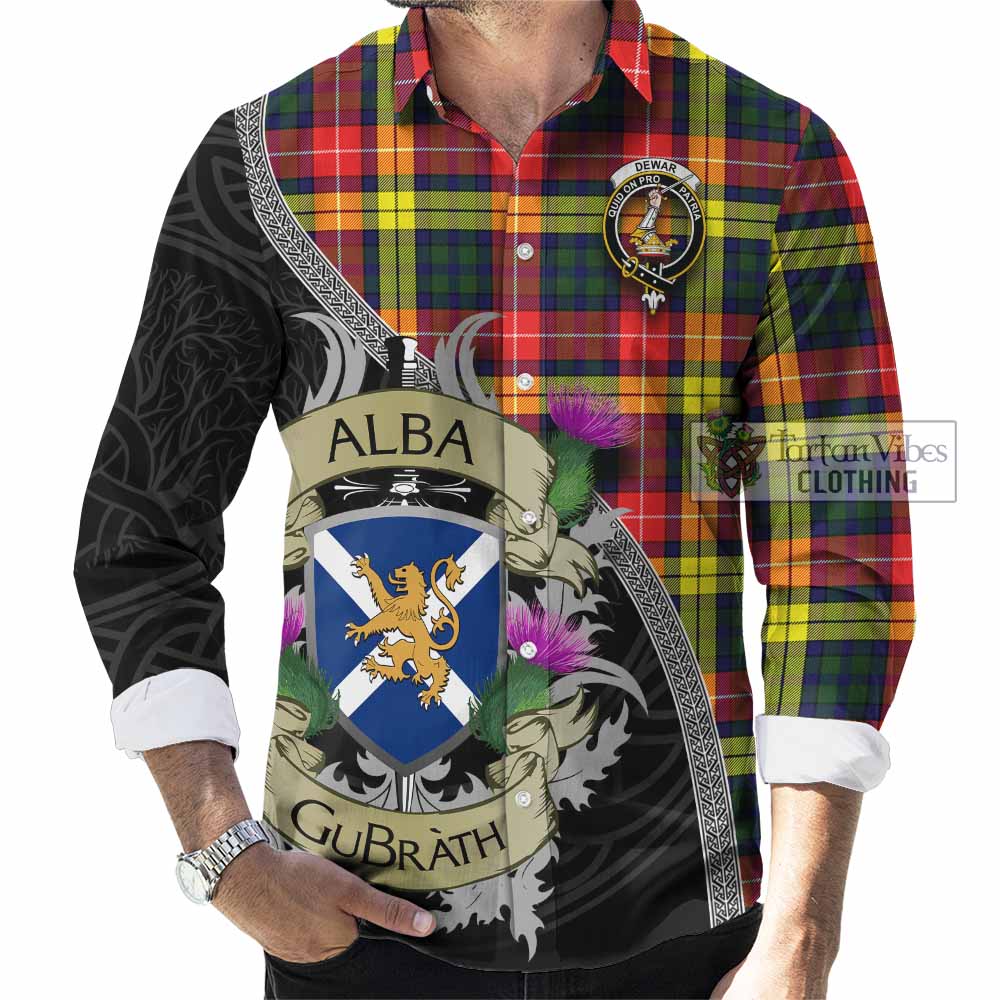 Dewar Tartan Family Crest Long Sleeve Button Shirt Lion Rampant Royal Thistle Shield Celtic Inspired - Tartan Vibes Clothing