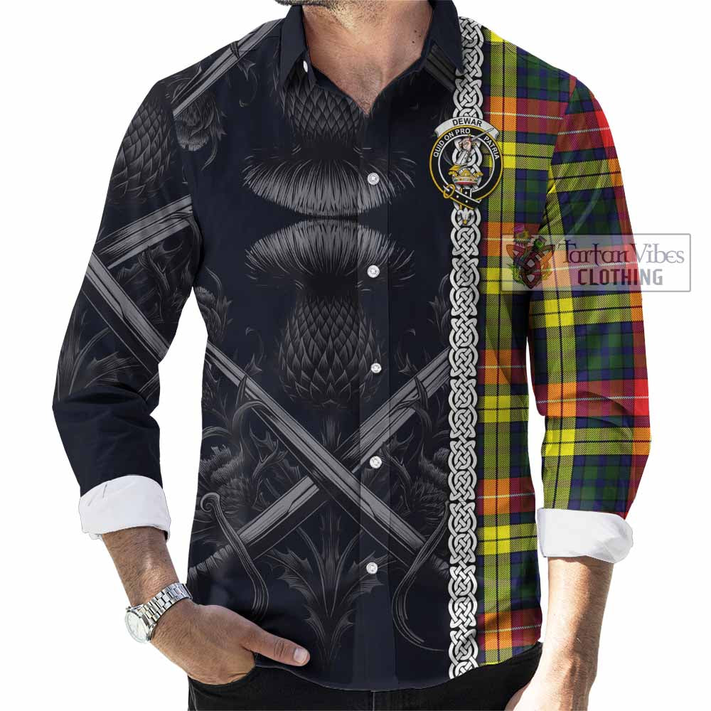 Tartan Vibes Clothing Dewar Tartan Long Sleeve Button Shirt with Family Crest Cross Sword Thistle Celtic Vibes