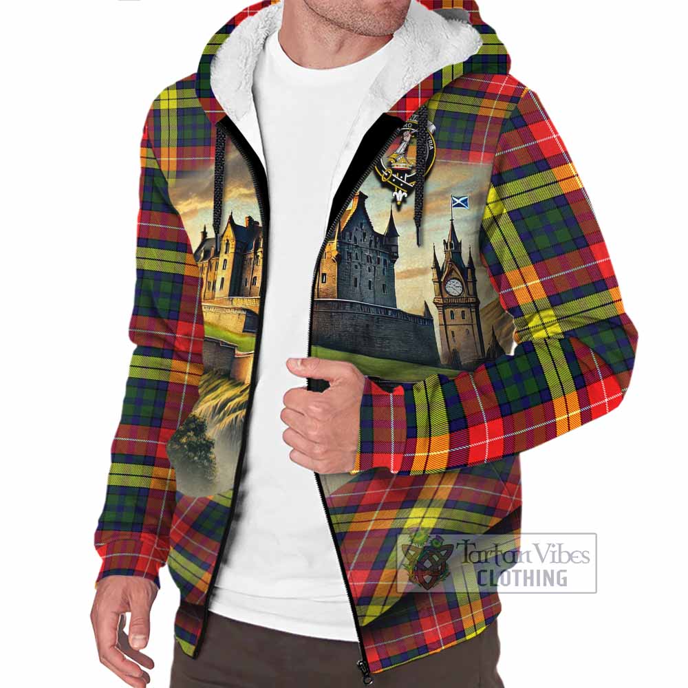 Dewar Tartan Family Crest Sherpa Hoodie with Scottish Ancient Castle Style - Tartan Vibes Clothing