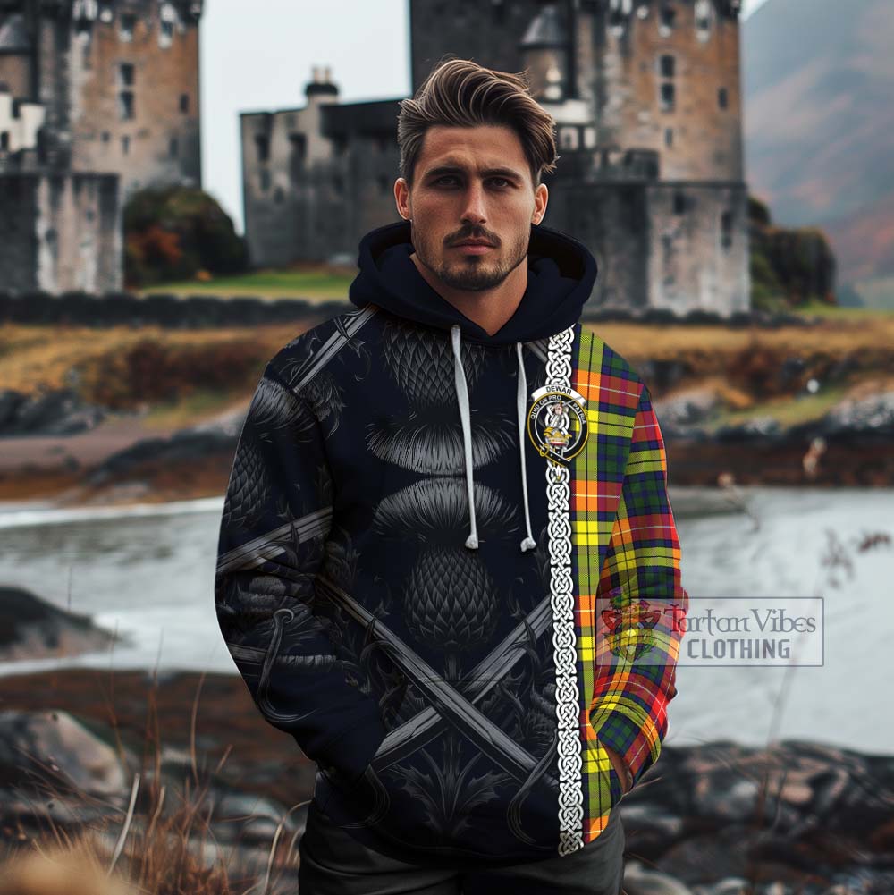 Dewar Tartan Cotton Hoodie with Family Crest Cross Sword Thistle Celtic Vibes - Tartan Vibes Clothing