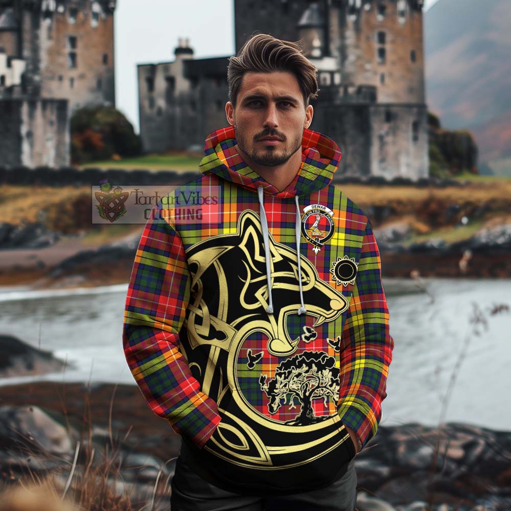 Dewar Tartan Cotton Hoodie with Family Crest Celtic Wolf Style - Tartan Vibes Clothing