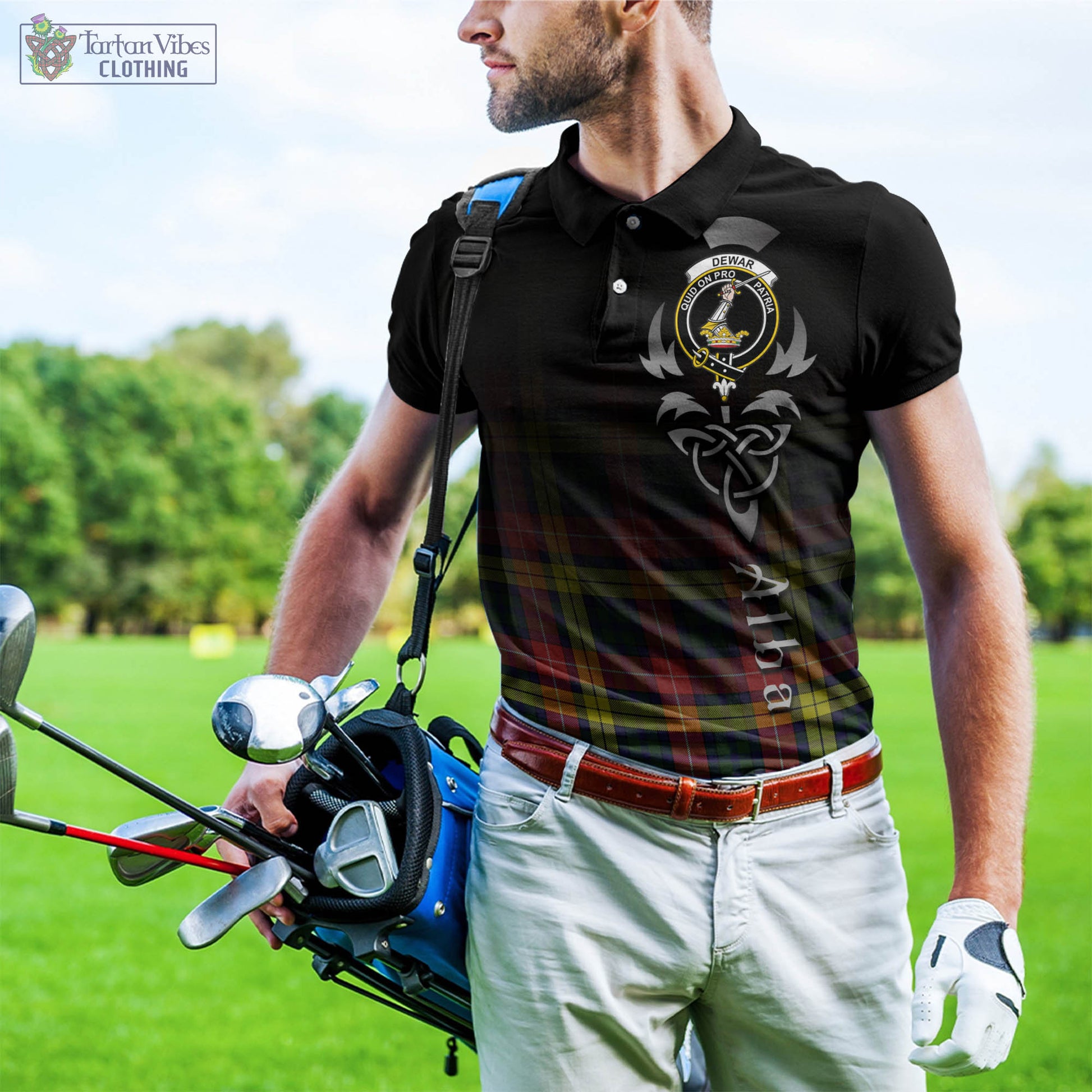 Dewar Tartan Polo Shirt Featuring Alba Gu Brath Family Crest Celtic Inspired - Tartan Vibes Clothing