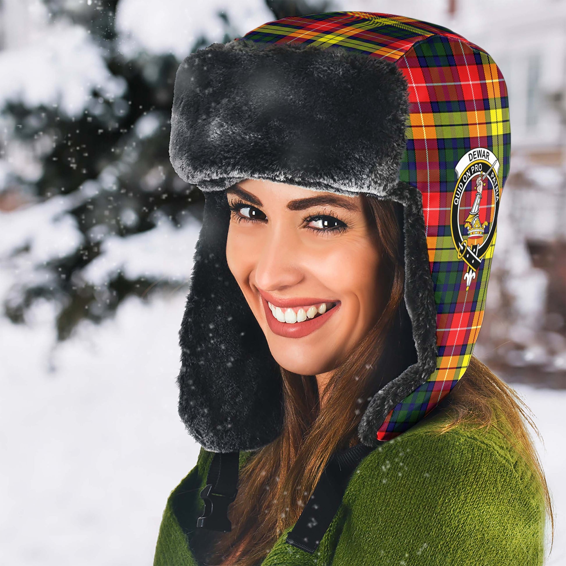 Dewar Tartan Winter Trapper Hat with Family Crest - Tartan Vibes Clothing