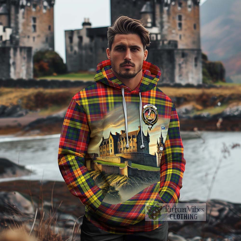 Dewar Tartan Family Crest Cotton Hoodie with Scottish Ancient Castle Style - Tartan Vibes Clothing