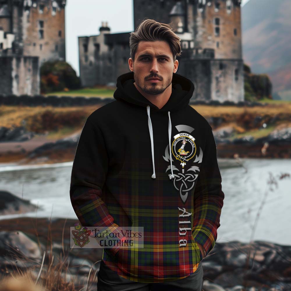 Tartan Vibes Clothing Dewar Tartan Cotton Hoodie Featuring Alba Gu Brath Family Crest Celtic Inspired
