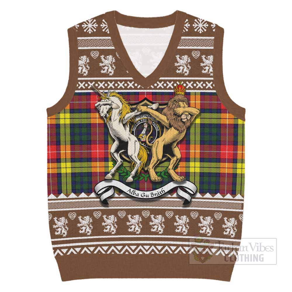 Dewar Clan Tartan Crest Christmas Knitted V-Neck Vest Coat of Arms Funny Style - Tartan Vibes Clothing