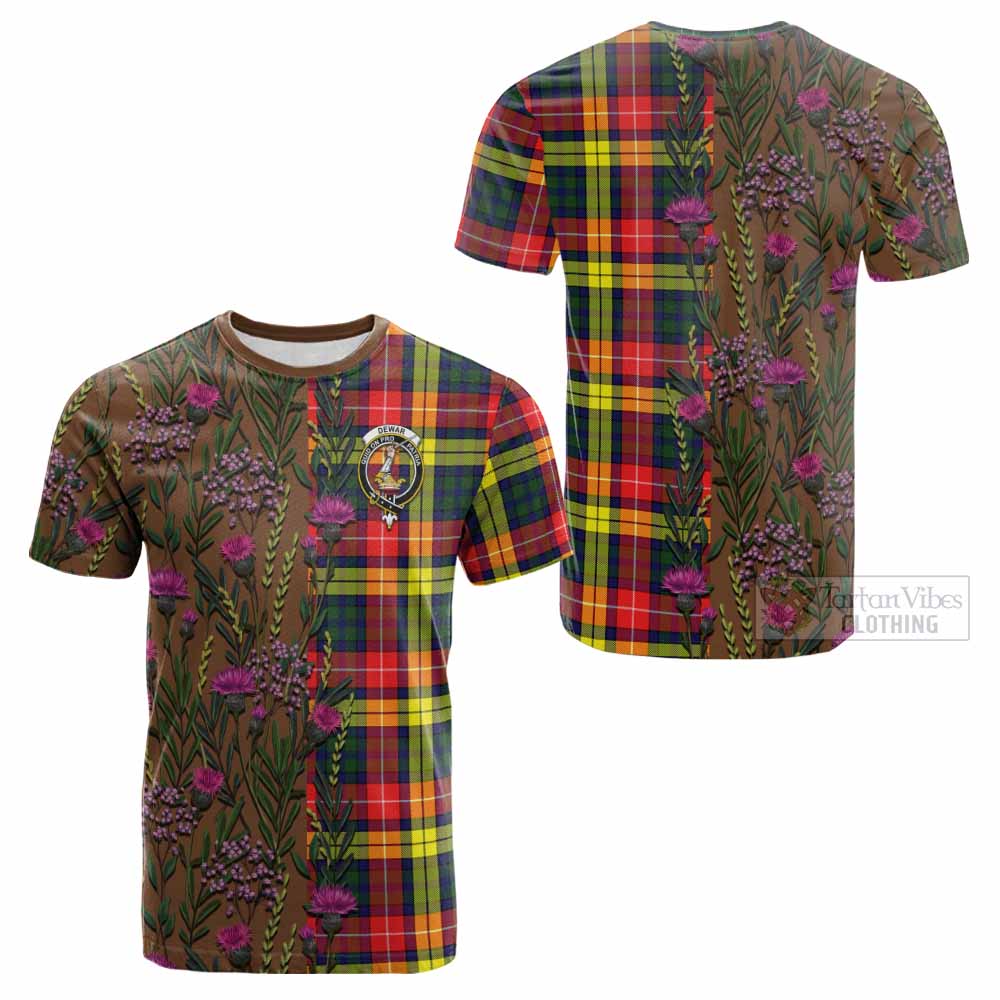 Dewar Family Crest Tartan Cotton T-shirt Scottish Thistle Flower Pattern Half Style - Tartan Vibes Clothing