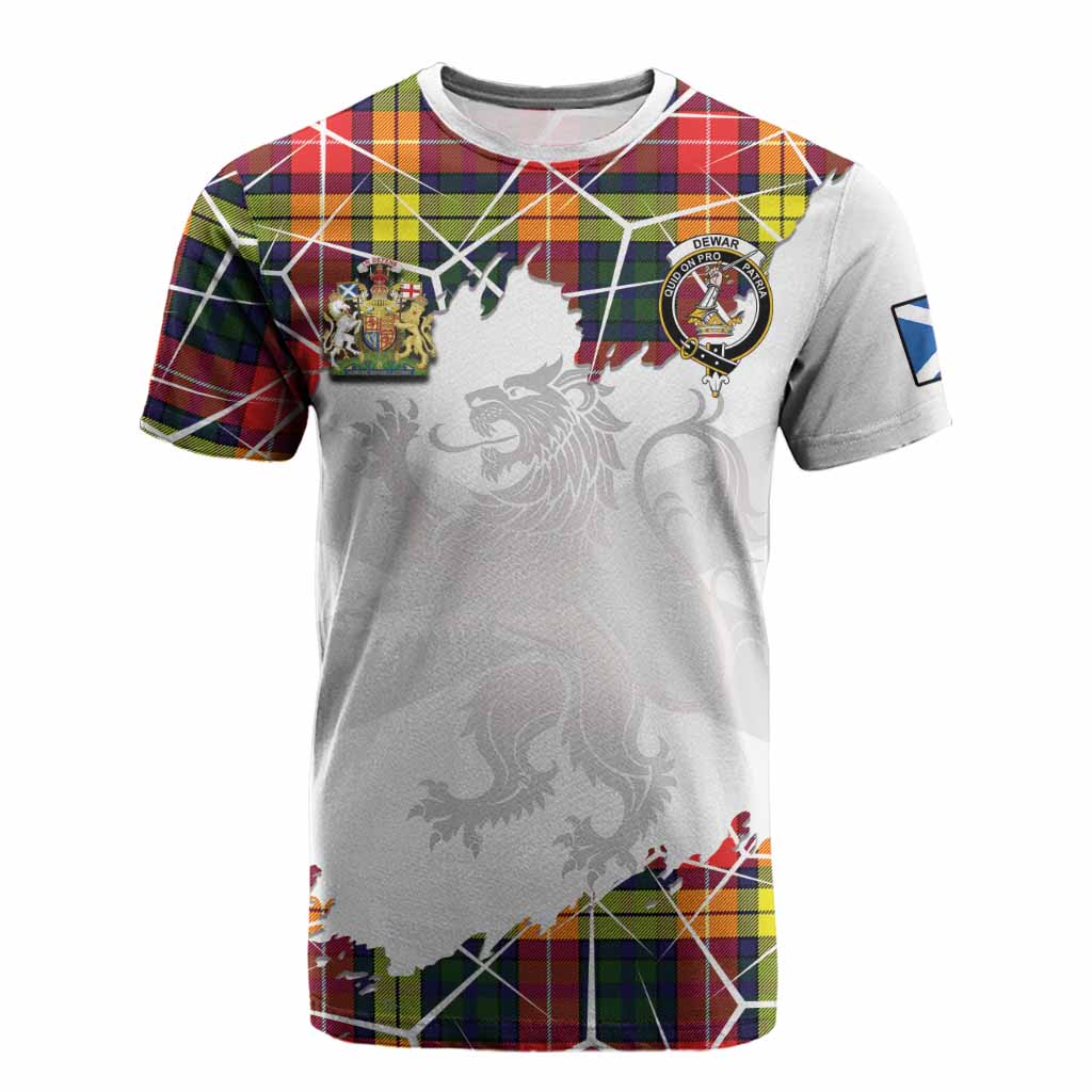 Dewar Tartan Cotton T-shirt with Family Crest and Lion Rampant Grunge Style