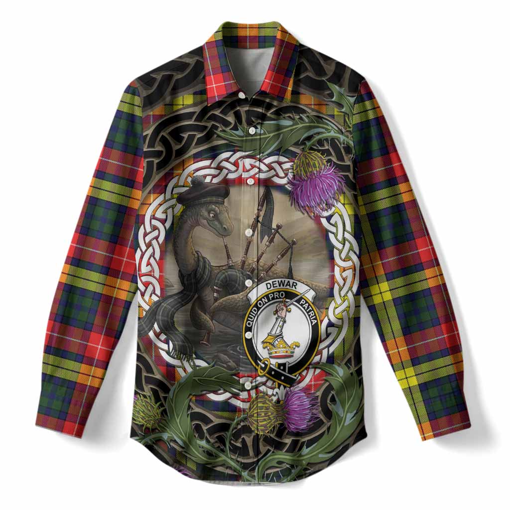 Dewar Tartan Crest Bagpipe Nessie Women Casual Shirt Scottish Loch Ness Monster Celtic Thistle