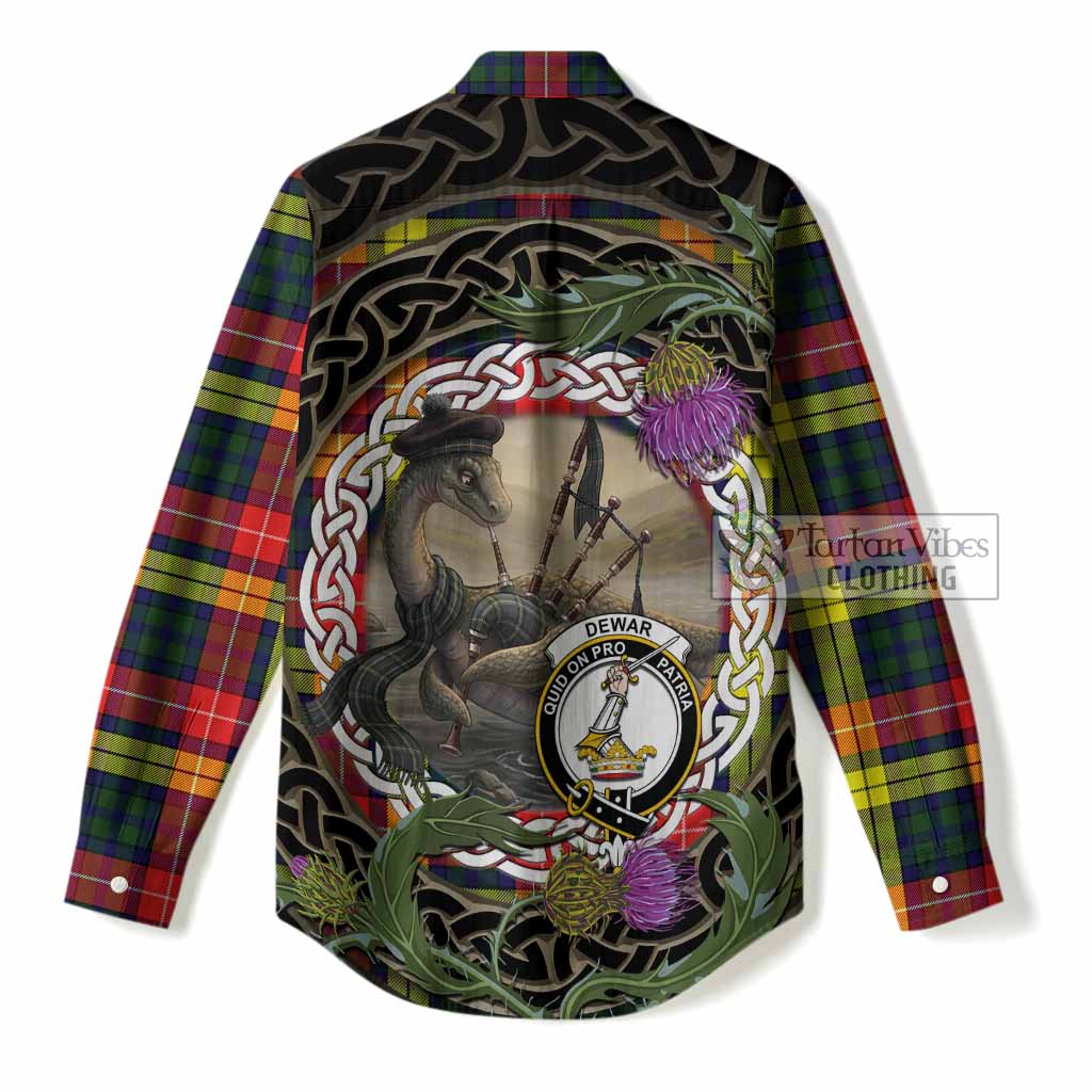 Dewar Tartan Crest Bagpipe Nessie Women Casual Shirt Scottish Loch Ness Monster Celtic Thistle
