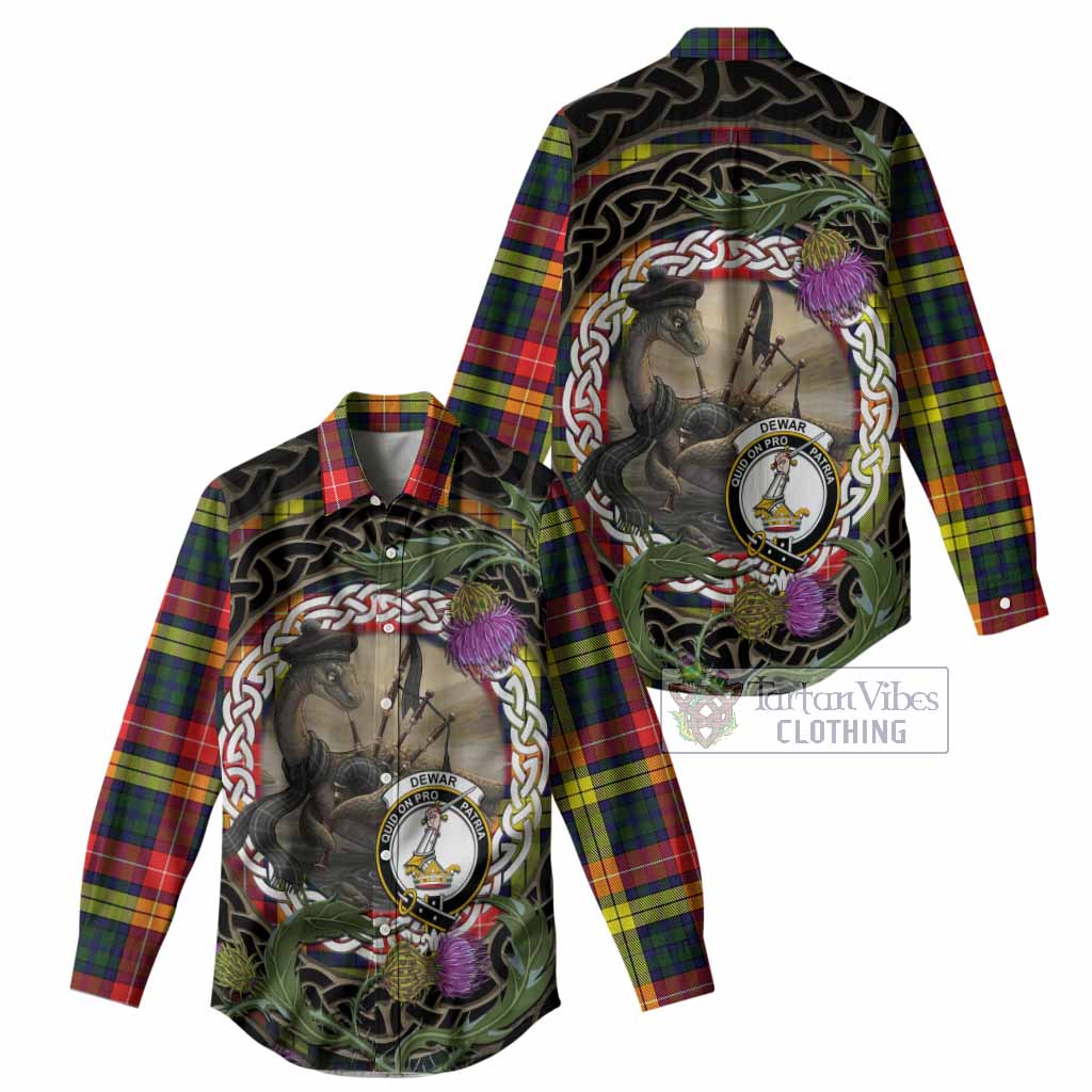 Dewar Tartan Crest Bagpipe Nessie Women Casual Shirt Scottish Loch Ness Monster Celtic Thistle