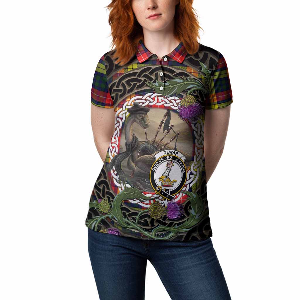 Dewar Tartan Crest Bagpipe Nessie Women Polo Shirt Scottish Loch Ness Monster Celtic Thistle