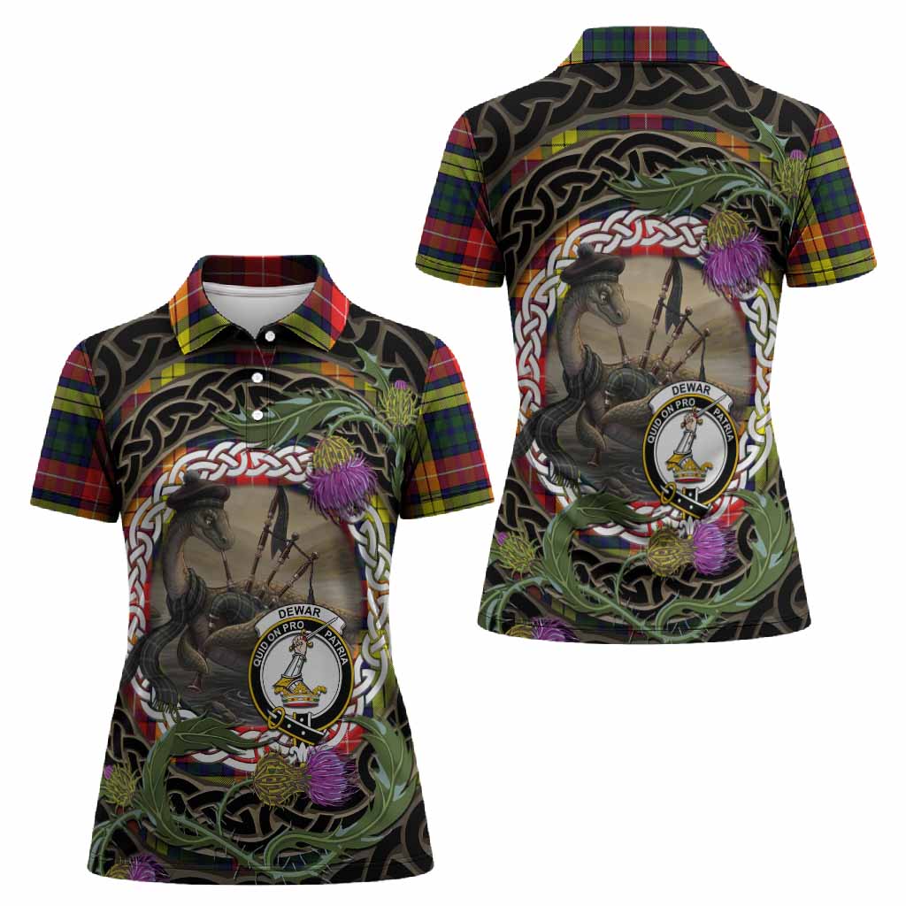 Dewar Tartan Crest Bagpipe Nessie Women Polo Shirt Scottish Loch Ness Monster Celtic Thistle