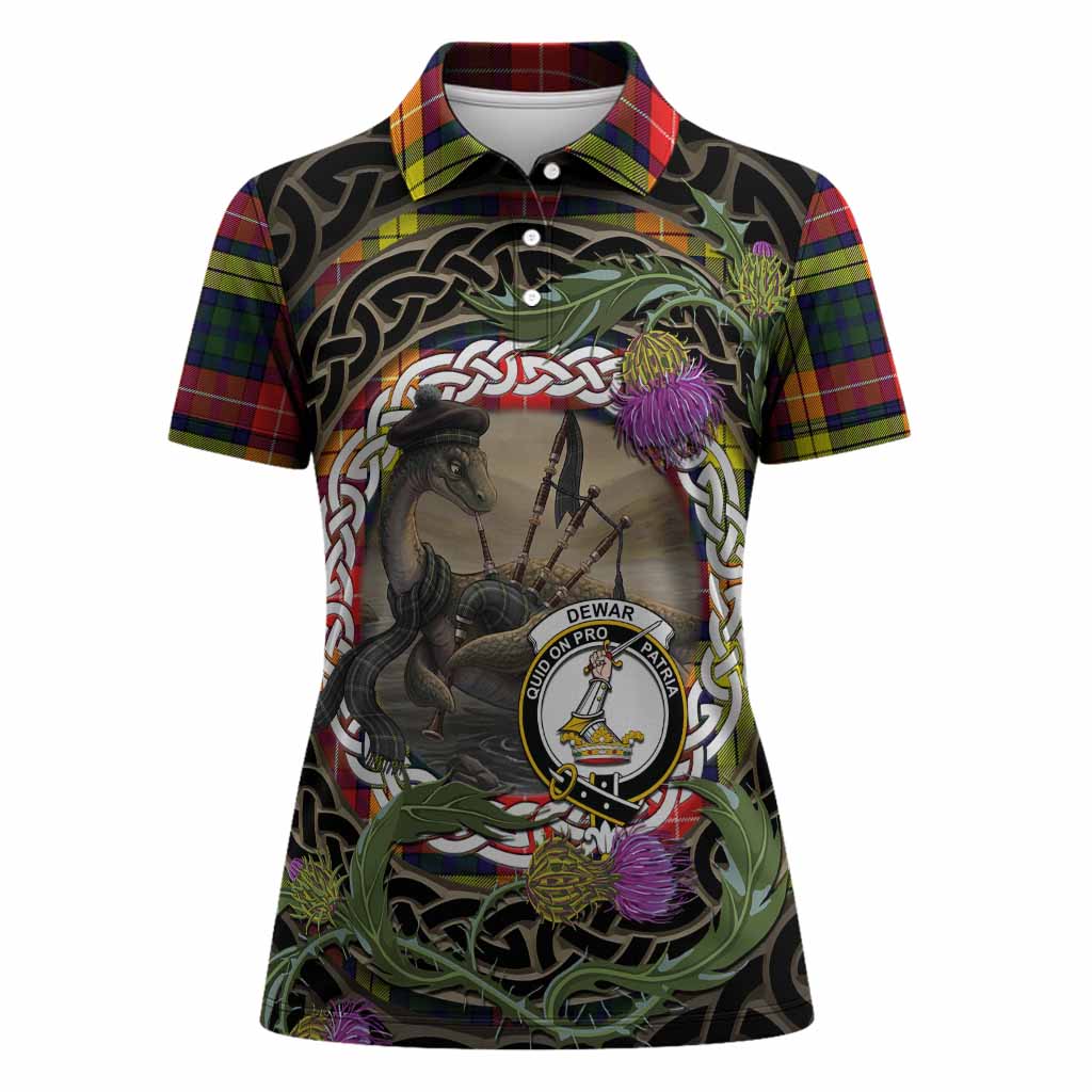 Dewar Tartan Crest Bagpipe Nessie Women Polo Shirt Scottish Loch Ness Monster Celtic Thistle