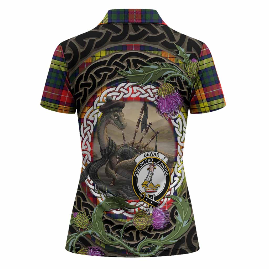 Dewar Tartan Crest Bagpipe Nessie Women Polo Shirt Scottish Loch Ness Monster Celtic Thistle