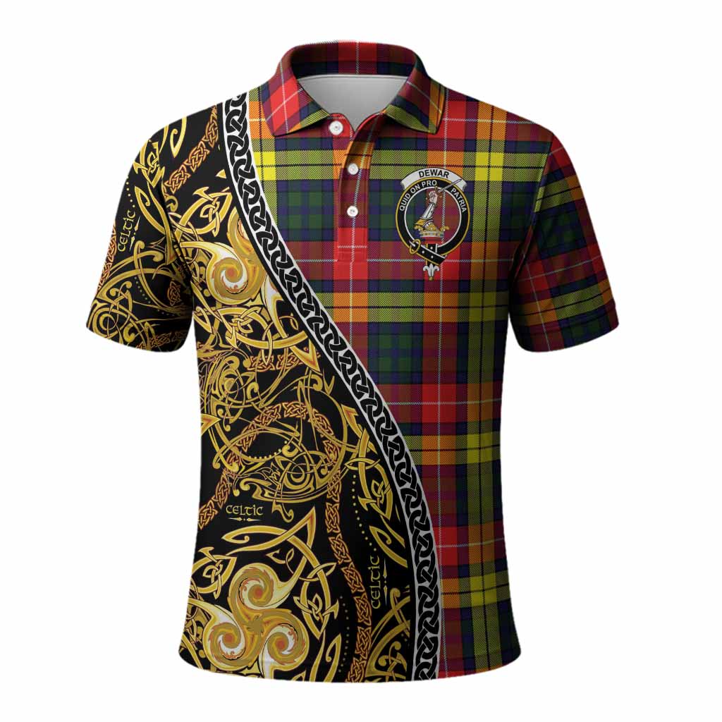Dewar Tartan Crest Polo Shirt Celtic Knot and Triple Trickle Spiral Symbols