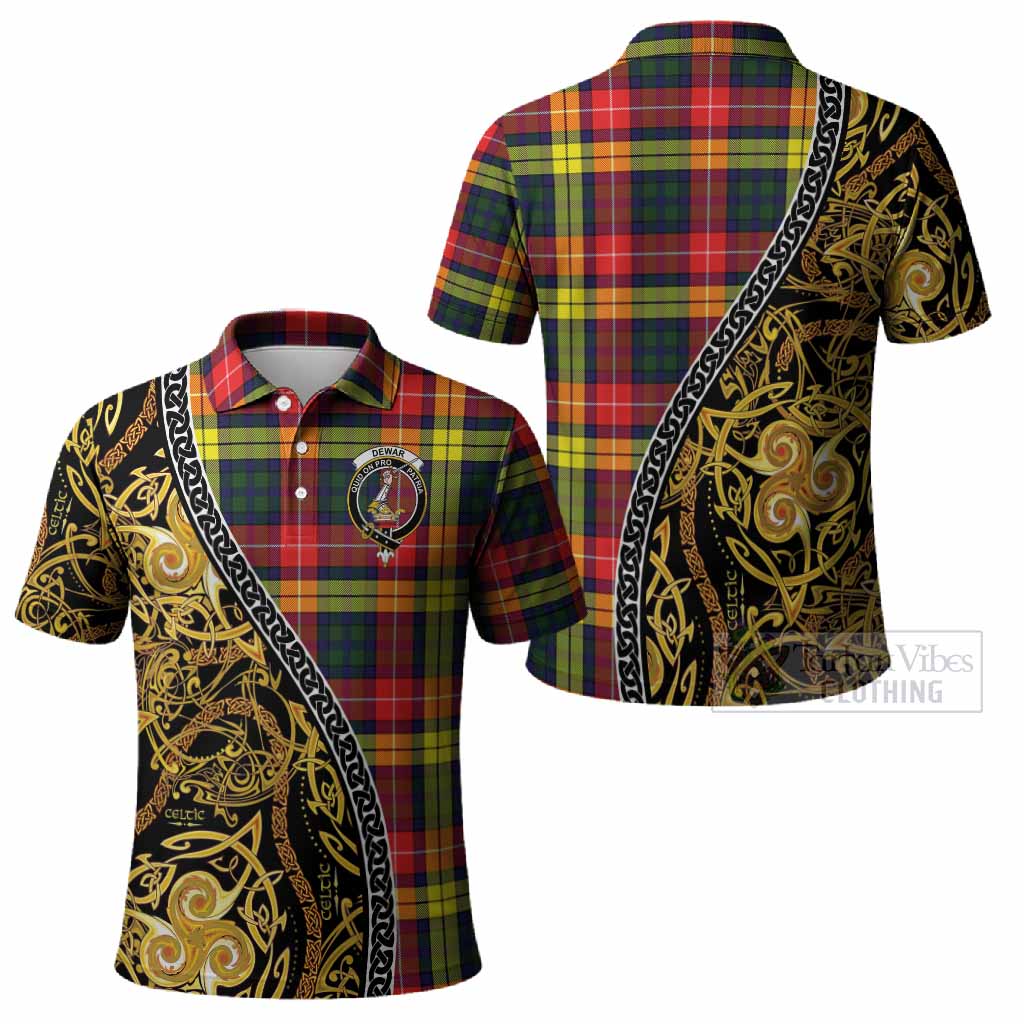 Dewar Tartan Crest Polo Shirt Celtic Knot and Triple Trickle Spiral Symbols