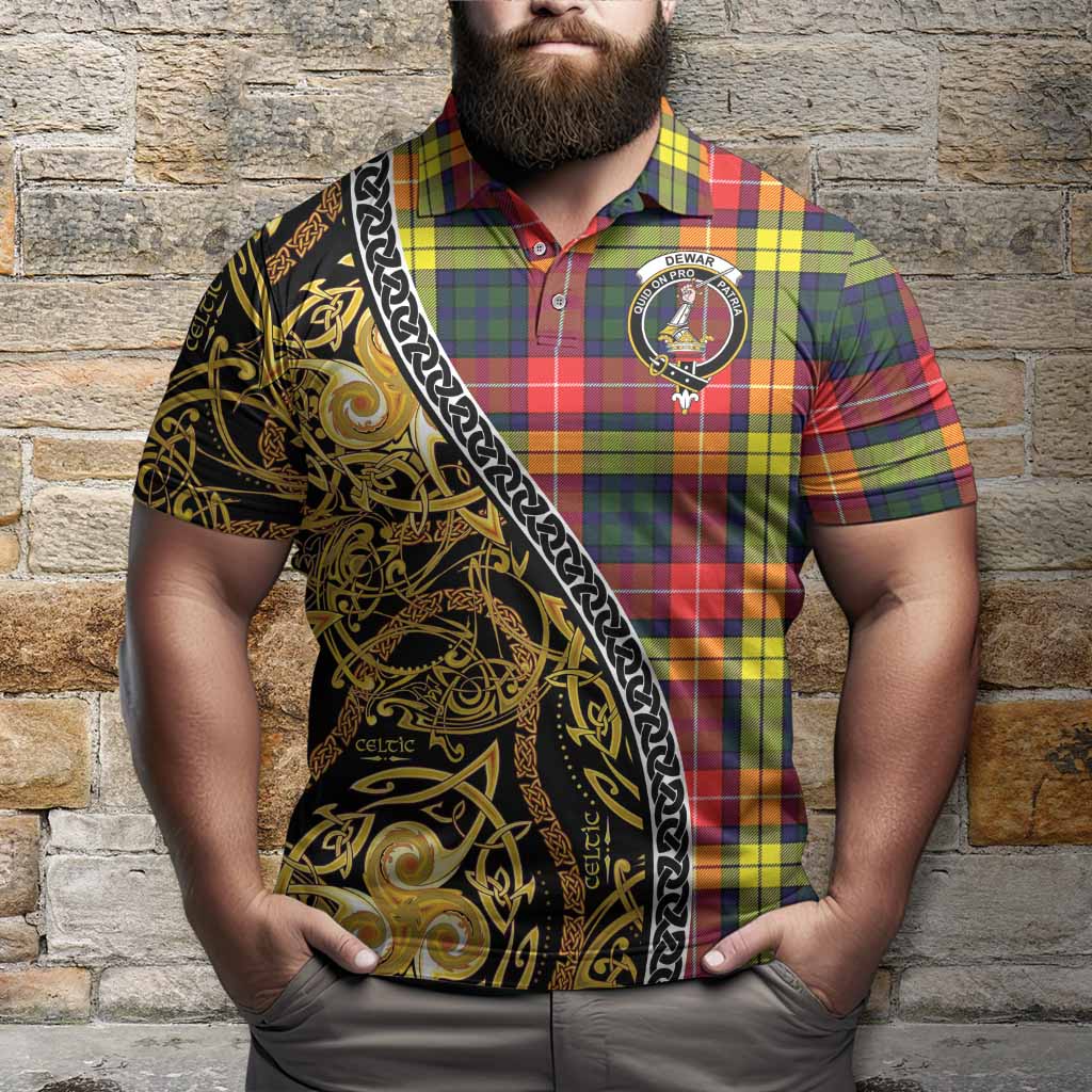 Dewar Tartan Crest Polo Shirt Celtic Knot and Triple Trickle Spiral Symbols