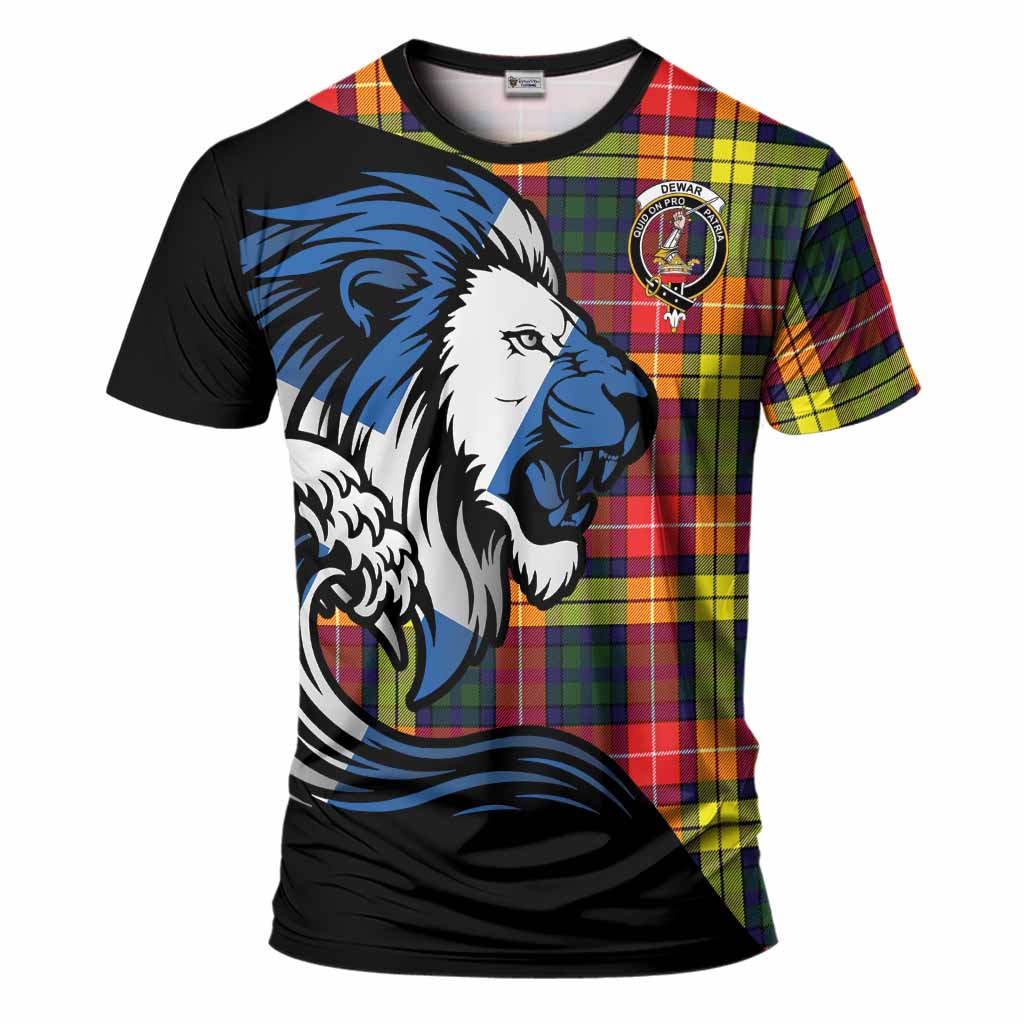 Dewar Tartan Crest T-Shirt Scottish Golden Lions Wave Flow