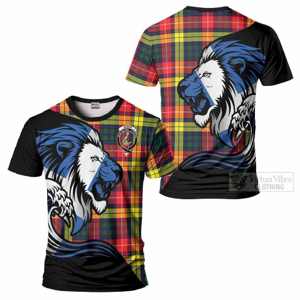 Dewar Tartan Crest T-Shirt Scottish Golden Lions Wave Flow