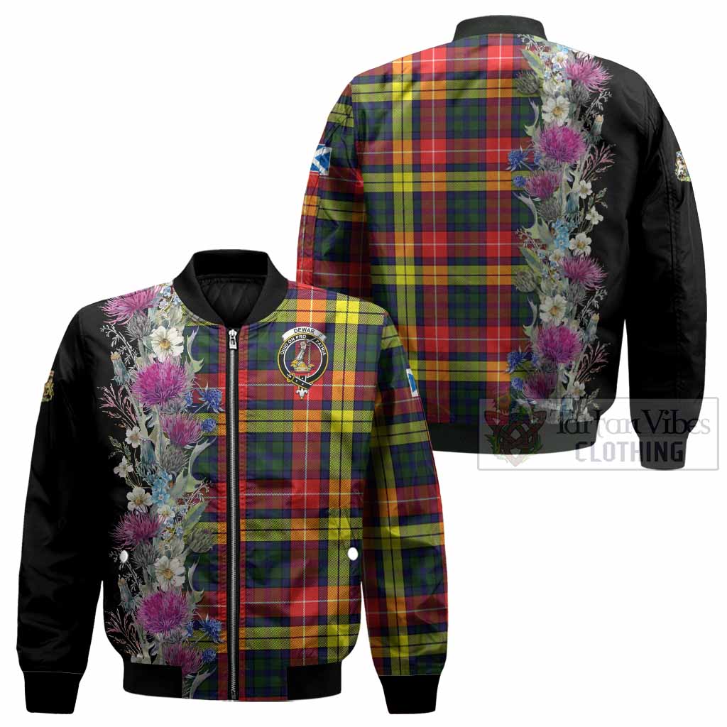 Dewar Tartan Crest Thistle Floral Bomber Jacket - Tartan Vibes Clothing