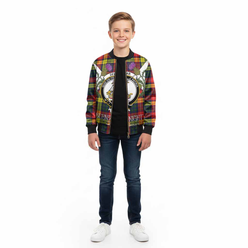 Dewar Tartan Family Crest Kid Bomber Jacket Scottish Burns Night Thistle Floral