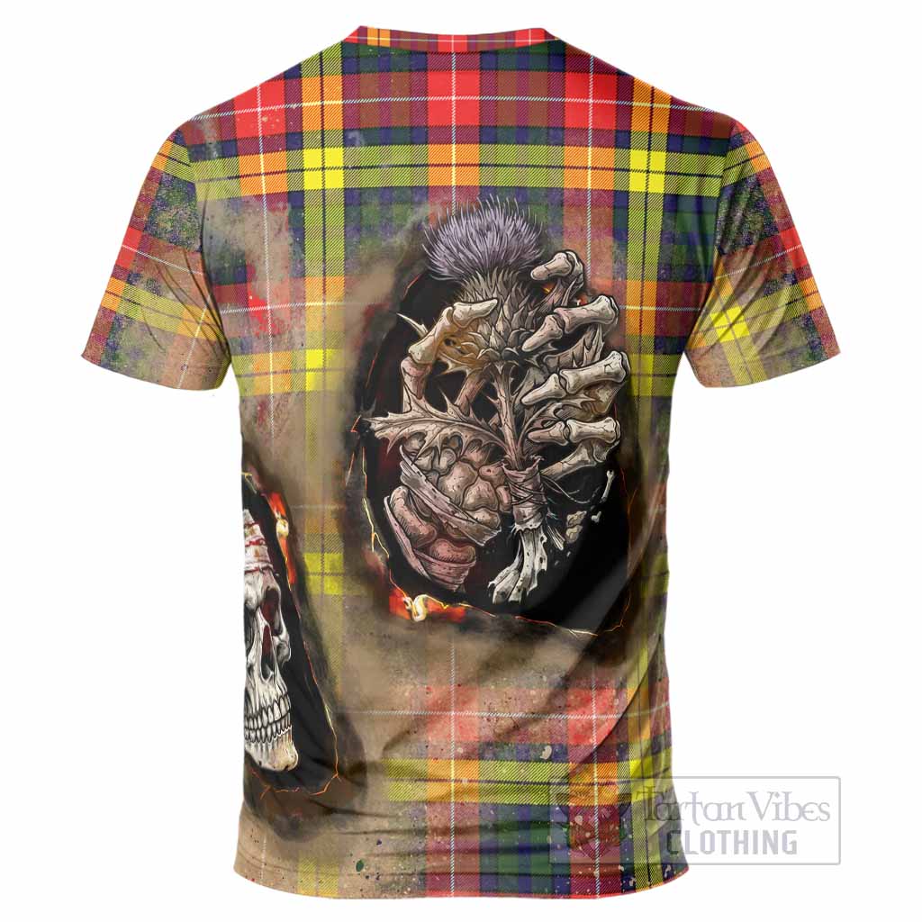 Dewar Tartan T-Shirt Halloween Skeleton With Thistle Burning Effect