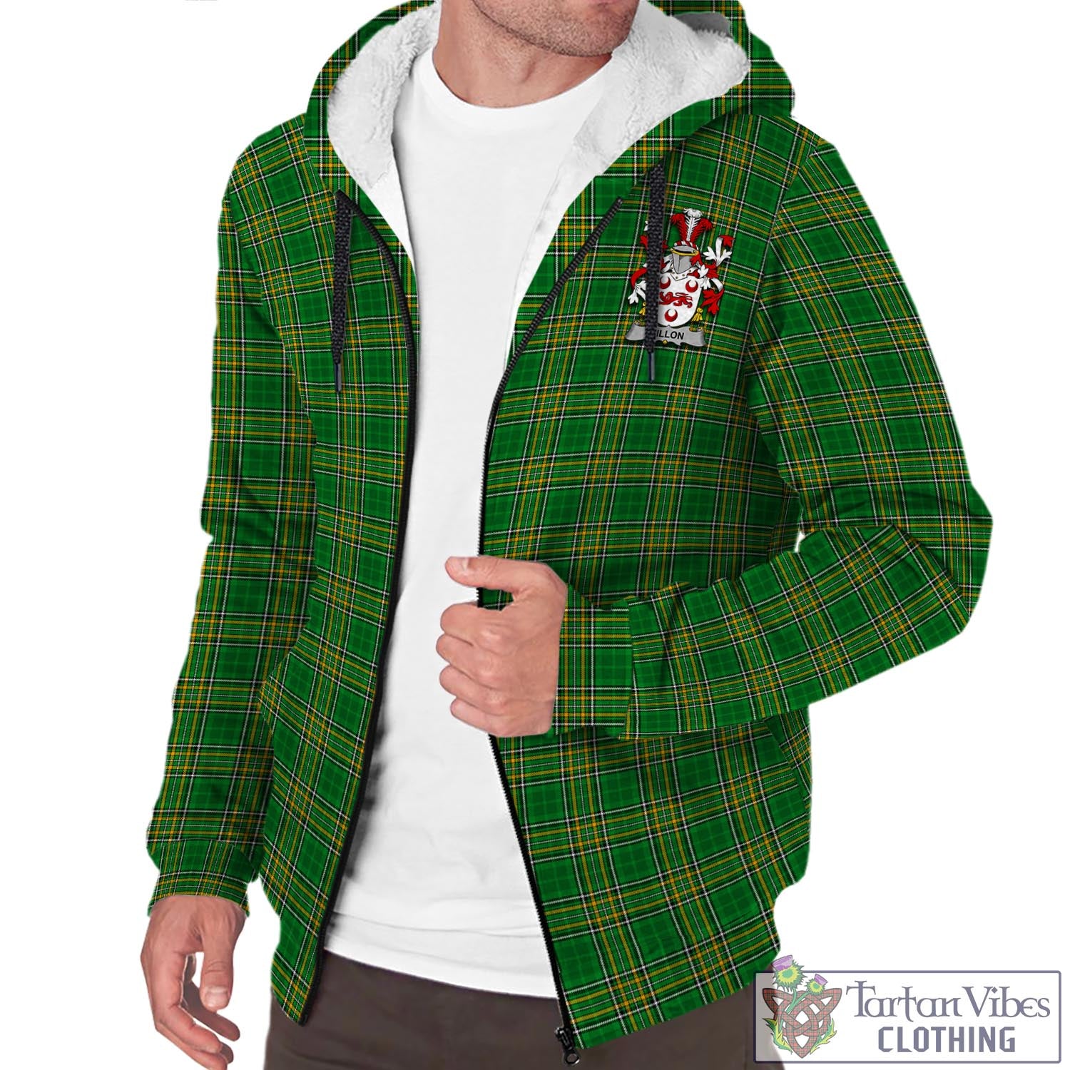 Tartan Vibes Clothing Dillon Ireland Clan Tartan Sherpa Hoodie with Coat of Arms