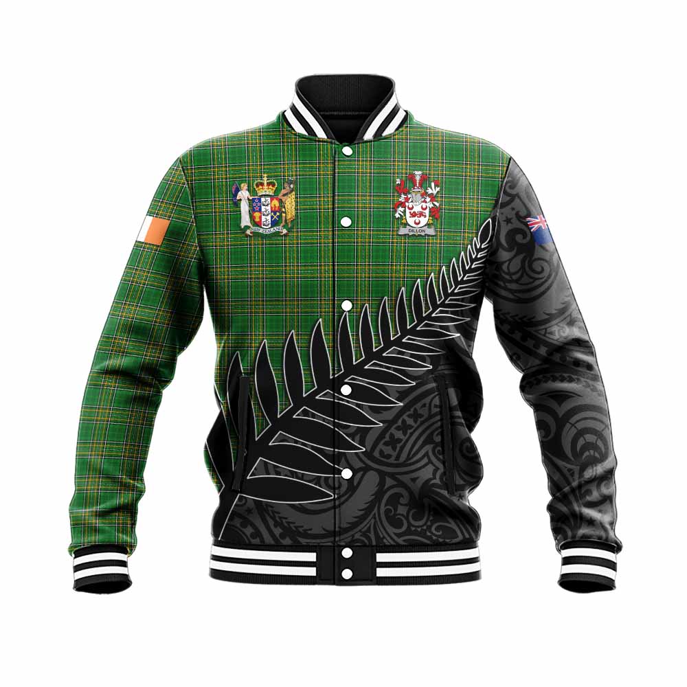 Tartan Vibes Clothing Dillon Irish Clan Tartan Baseball Jacket with Coat of Arms New Zealand Silver Fern Half Style
