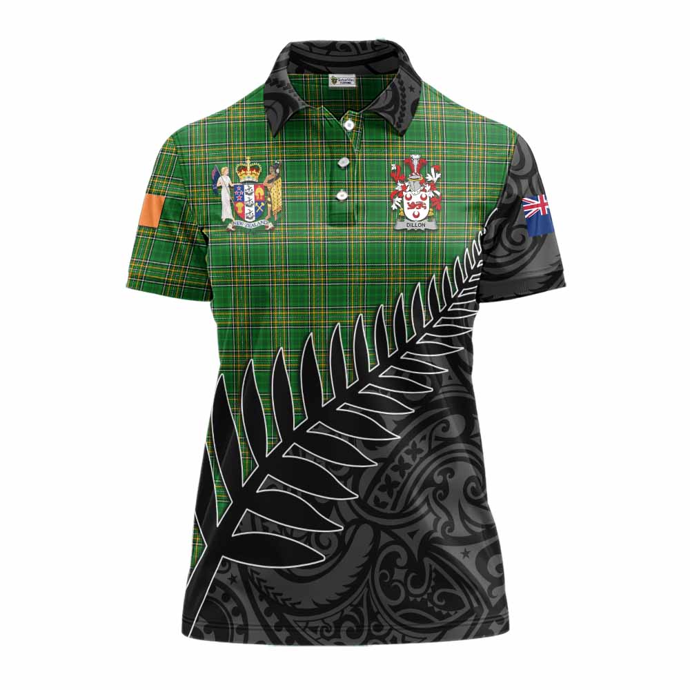 Tartan Vibes Clothing Dillon Irish Clan Tartan Women's Polo Shirt with Coat of Arms New Zealand Silver Fern Half Style