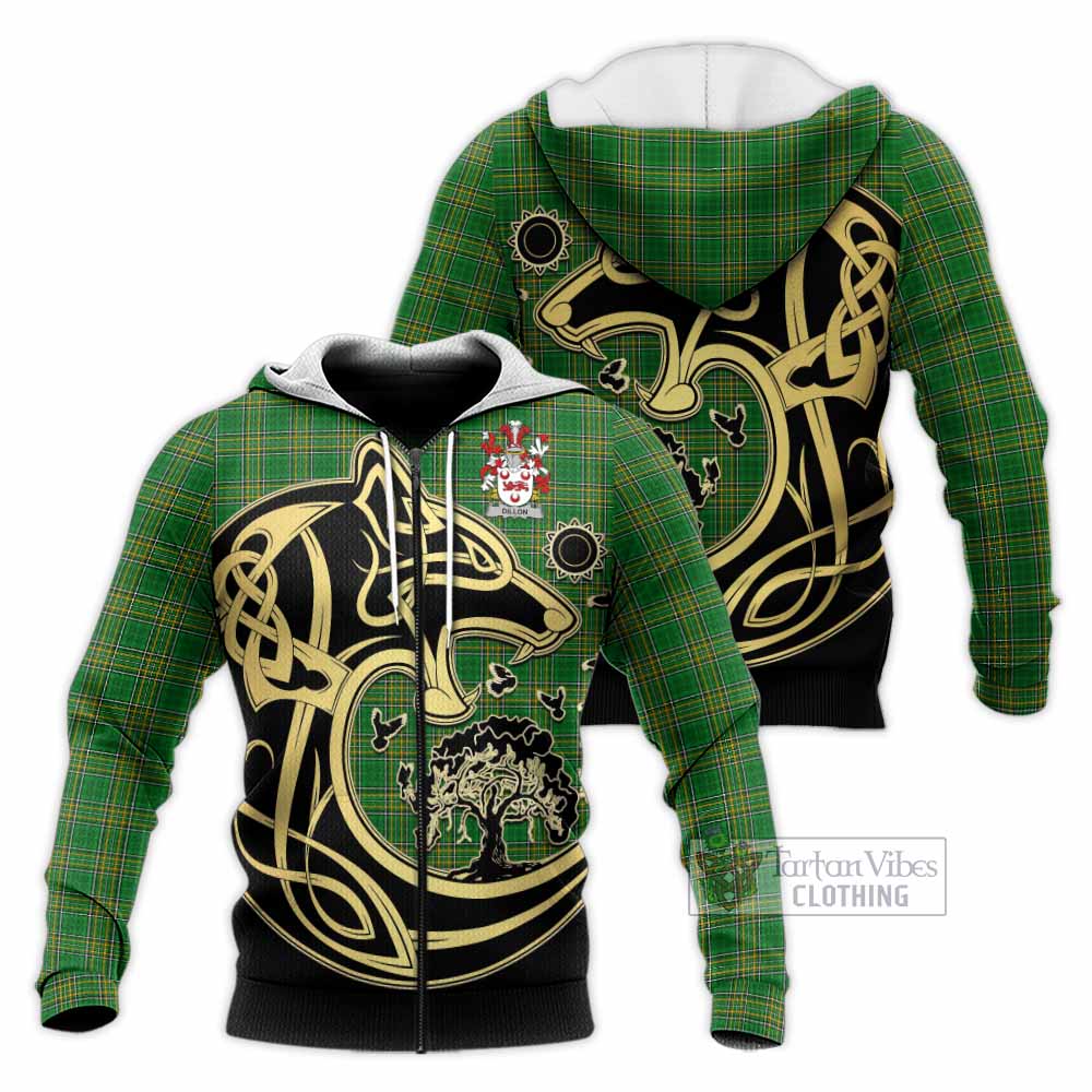 Tartan Vibes Clothing Dillon Irish Tartan Knitted Hoodie with Coat of Arms Celtic Wolf Style