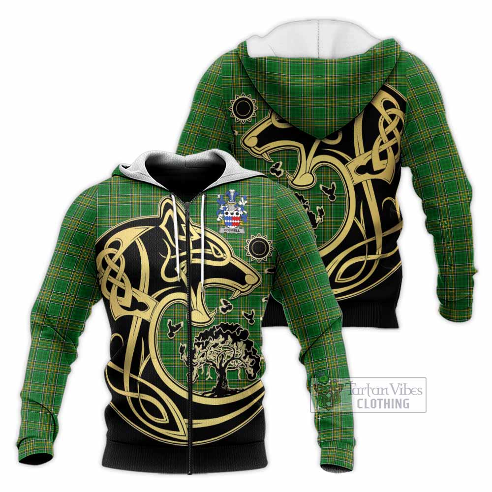 Dodwell Irish Tartan Knitted Hoodie with Coat of Arms Celtic Wolf Style - Tartan Vibes Clothing