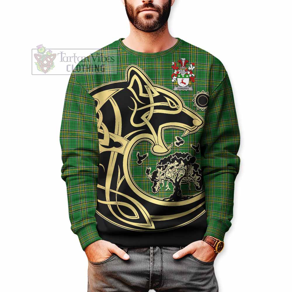 Tartan Vibes Clothing Doherty Irish Tartan Sweatshirt with Coat of Arms Celtic Wolf Style