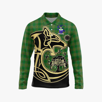 Dolan Irish Tartan Long Sleeve Polo Shirt with Coat of Arms Celtic Wolf Style Unisex - Tartan Vibes Clothing