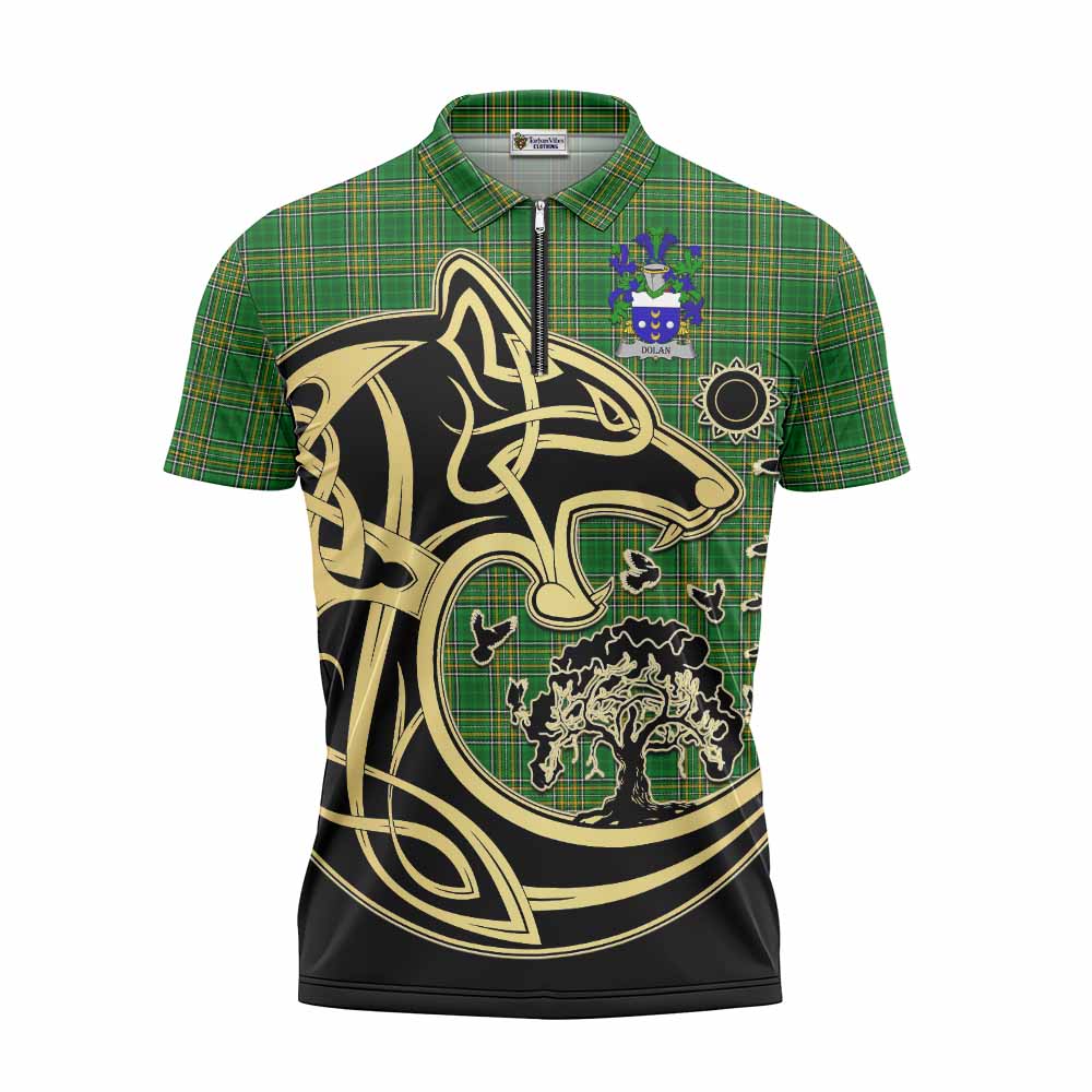 Dolan Irish Tartan Zipper Polo Shirt with Coat of Arms Celtic Wolf Style Unisex - Tartan Vibes Clothing