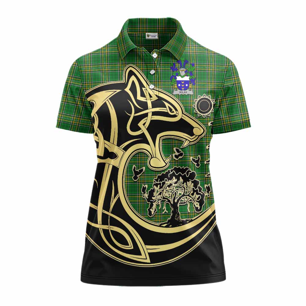 Dolan Irish Tartan Women's Polo Shirt with Coat of Arms Celtic Wolf Style Women - Tartan Vibes Clothing