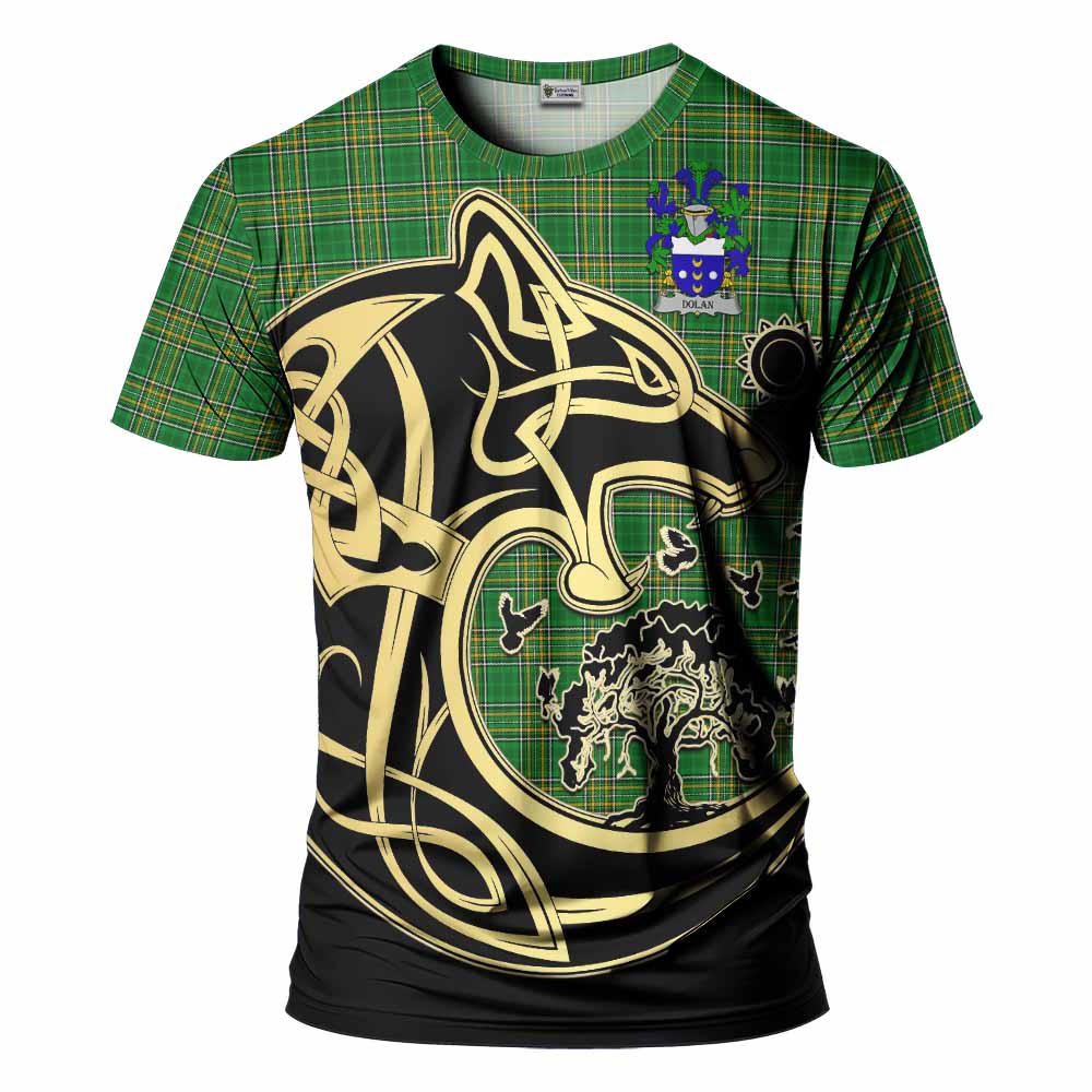 Tartan Vibes Clothing Dolan Irish Tartan T-Shirt with Coat of Arms Celtic Wolf Style