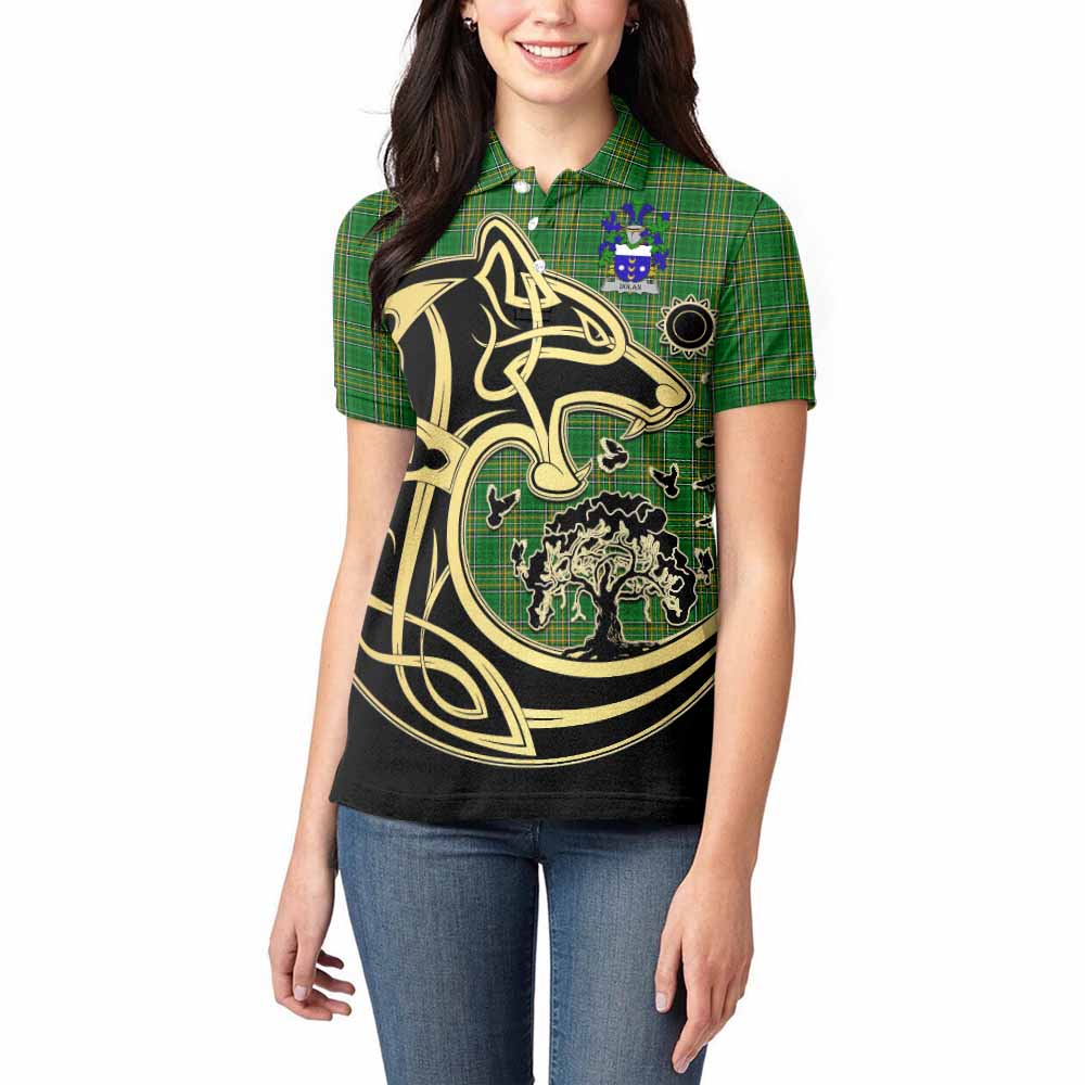 Dolan Irish Tartan Women's Polo Shirt with Coat of Arms Celtic Wolf Style - Tartan Vibes Clothing