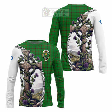 Don Tartan Long Sleeve T-Shirt with Family Crest and St. Andrew's Cross Accented by Thistle Vines Unisex - Tartan Vibes Clothing